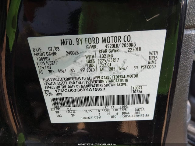 45750732 :رقم المزاد ، 1FMCU03G89KA15823 vin ، 2009 Ford Escape Xlt مزاد بيع