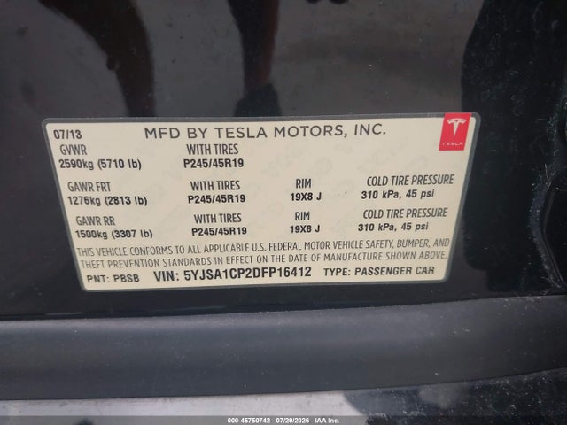 Продаж на аукціоні авто 2013 Tesla Model S Performance, vin: 5YJSA1CP2DFP16412, номер лоту: 45750742