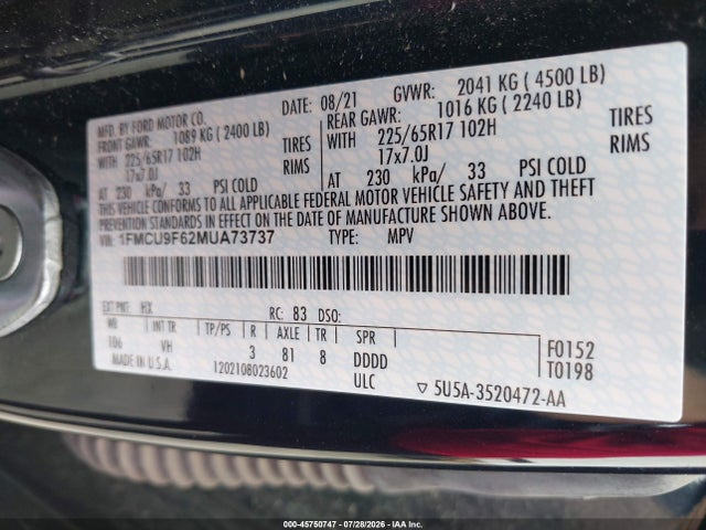 Ford ESCAPE S 2021 1FMCU9F62MUA73737 Image 9