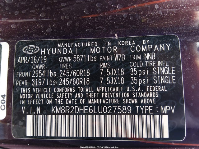 45750750 :رقم المزاد ، KM8R2DHE6LU027589 vin ، 2020 Hyundai Palisade Sel مزاد بيع