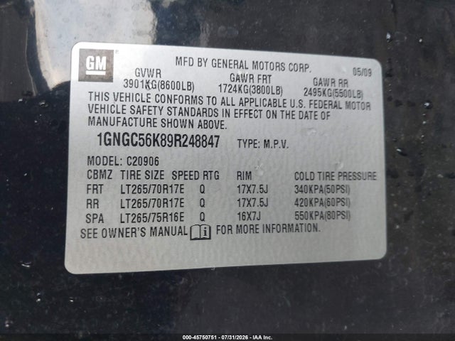 Продаж на аукціоні авто 2009 Chevrolet Suburban 2500 Lt2, vin: 1GNGC56K89R248847, номер лоту: 45750751