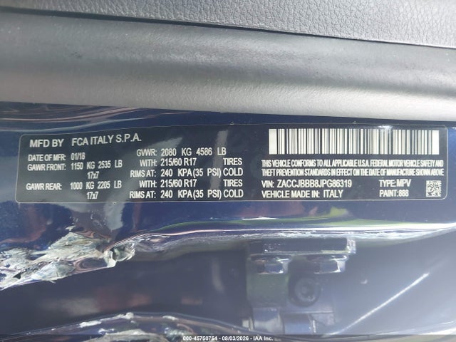 Aukcja sprzedaży 2018 Jeep Renegade Latitude 4x4, vin: ZACCJBBB8JPG86319, numer aukcji: 45750754