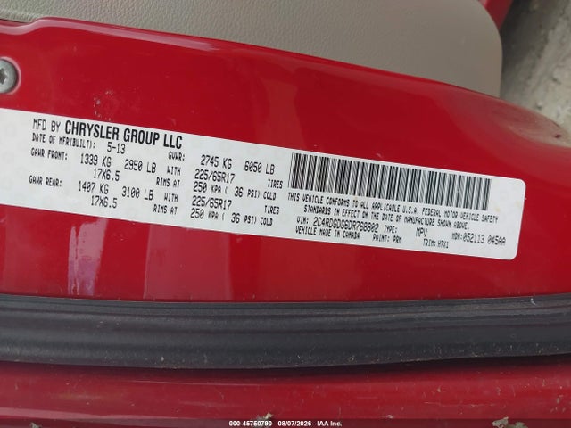 45750790 :رقم المزاد ، 2C4RDGDG6DR768802 vin ، 2013 Dodge Grand Caravan Crew مزاد بيع