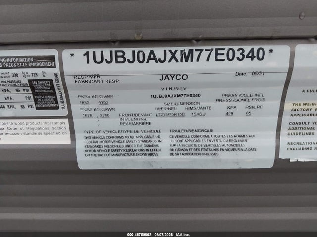 2021 Jayco Jay Lite მანქანა იყიდება აუქციონზე, vin: 1UJBJ0AJXM77E0340, აუქციონის ნომერი: 45750802