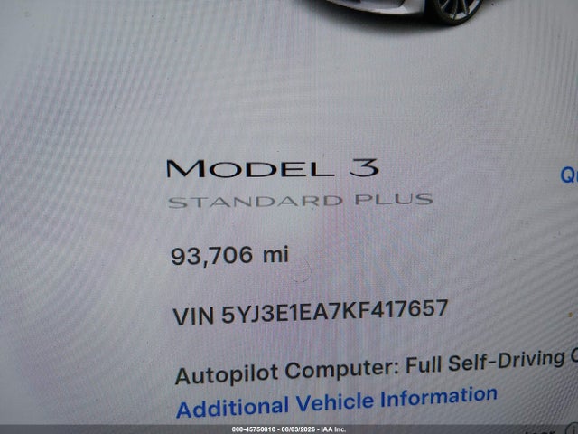 5YJ3E1EA7KF417657 Tesla MODEL 3