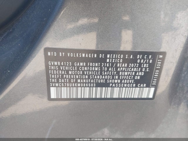 2019 Volkswagen Jetta 1.4t R-line/1.4t S/1.4t Se მანქანა იყიდება აუქციონზე, vin: 3VWC57BU8KM086503, აუქციონის ნომერი: 45750819