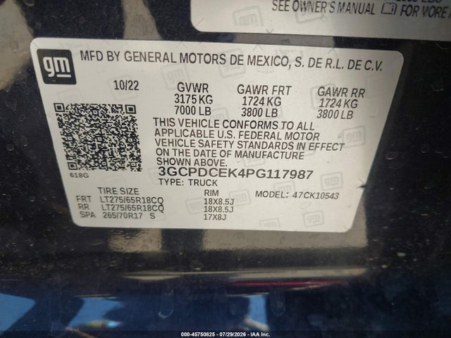 Aukcja sprzedaży 2023 Chevrolet Silverado 1500 4wd  Short Bed Custom Trail Boss, vin: 3GCPDCEK4PG117987, numer aukcji: 45750825