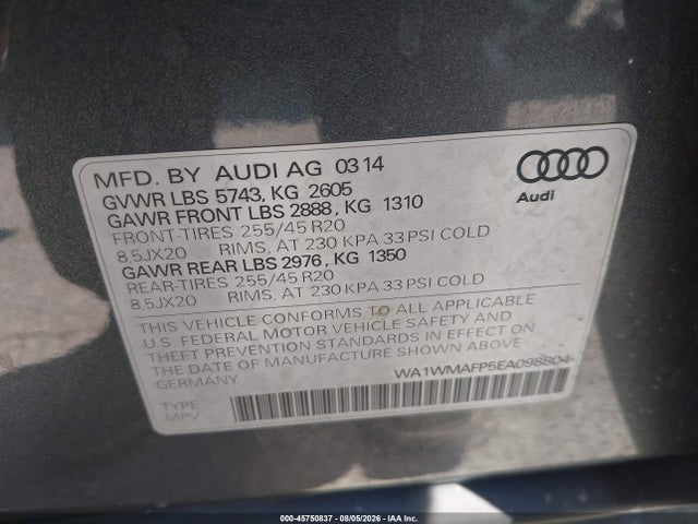Продаж на аукціоні авто 2014 Audi Q5 3.0 Tdi Premium Plus, vin: WA1WMAFP5EA098804, номер лоту: 45750837