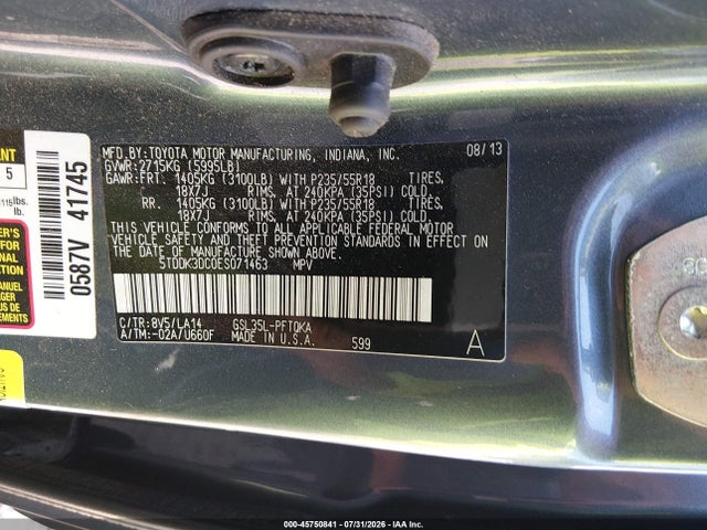 Продаж на аукціоні авто 2014 Toyota Sienna Limited 7 Passenger, vin: 5TDDK3DC0ES071463, номер лоту: 45750841