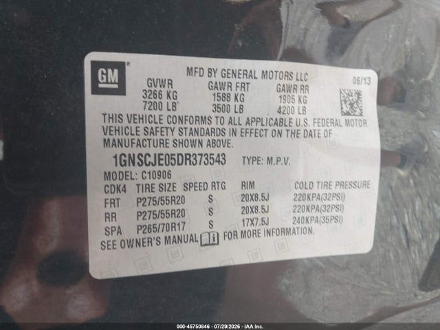 2013 Chevrolet Suburban Lt მანქანა იყიდება აუქციონზე, vin: 1GNSCJE05DR373543, აუქციონის ნომერი: 45750846