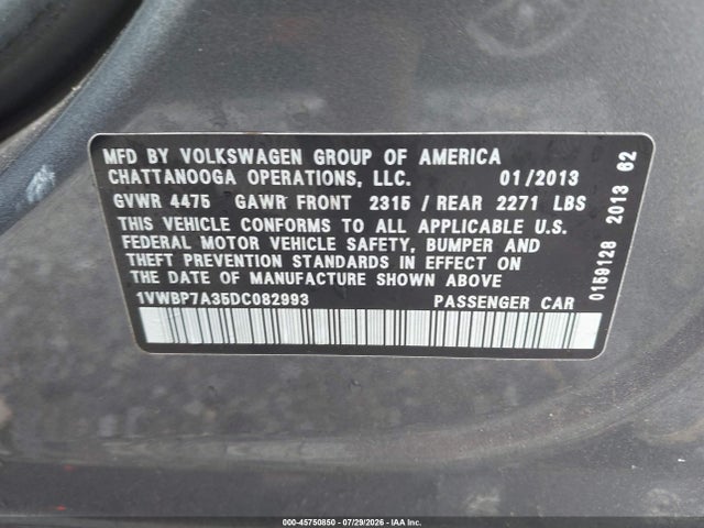 2013 Volkswagen Passat 2.5l Se მანქანა იყიდება აუქციონზე, vin: 1VWBP7A35DC082993, აუქციონის ნომერი: 45750850