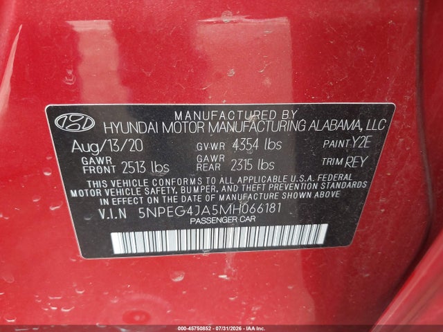 Продаж на аукціоні авто 2021 Hyundai Sonata Se, vin: 5NPEG4JA5MH066181, номер лоту: 45750852