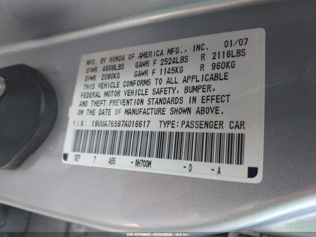 45750857 :رقم المزاد ، 19UUA76597A016617 vin ، 2007 Acura Tl Type S مزاد بيع