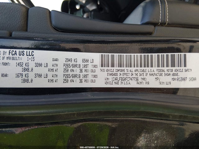 Продажа на аукционе авто 2015 Jeep Grand Cherokee Limited, vin: 1C4RJFBG0FC747736, номер лота: 45750858