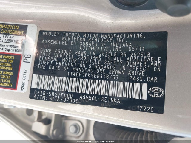 Продажа на аукционе авто 2014 Toyota Camry Le, vin: 4T4BF1FK5ER416763, номер лота: 45750863