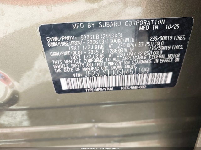 Продаж на аукціоні авто 2025 Subaru Forester Touring Hybrid, vin: JF2SLSTD0SH451199, номер лоту: 45750867