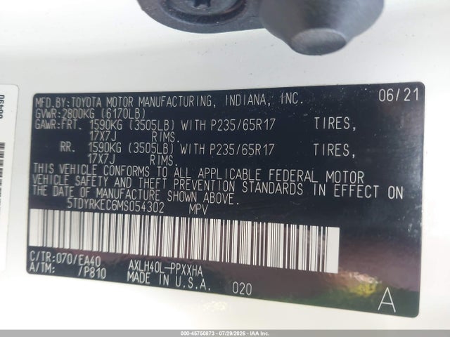 45750873 :رقم المزاد ، 5TDYRKEC6MS054302 vin ، 2021 Toyota Sienna Xle مزاد بيع