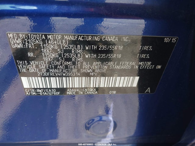 45750883 :رقم المزاد ، 2T3DFREV4FW395314 vin ، 2015 Toyota Rav4 Limited مزاد بيع