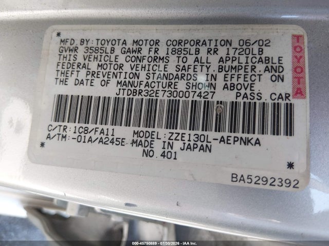 45750889 :رقم المزاد ، JTDBR32E730007427 vin ، 2003 Toyota Corolla Le مزاد بيع