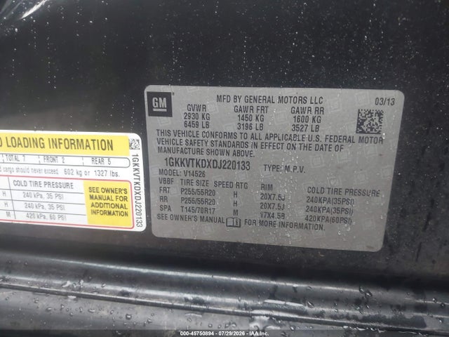 2013 Gmc Acadia Denali მანქანა იყიდება აუქციონზე, vin: 1GKKVTKDXDJ220133, აუქციონის ნომერი: 45750894