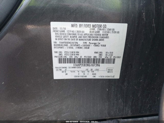 2019 Ford Taurus Sel მანქანა იყიდება აუქციონზე, vin: 1FAHP2E82KG107396, აუქციონის ნომერი: 45750909