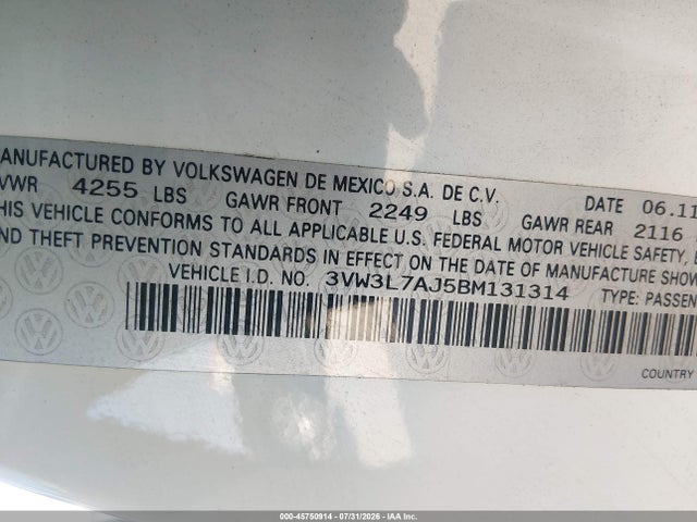 Продажа на аукционе авто 2011 Volkswagen Jetta 2.0l Tdi, vin: 3VW3L7AJ5BM131314, номер лота: 45750914