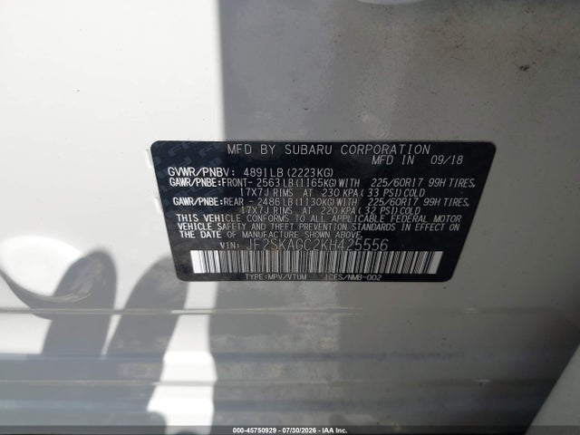 Продажа на аукционе авто 2019 Subaru Forester Premium, vin: JF2SKAGC2KH425556, номер лота: 45750929