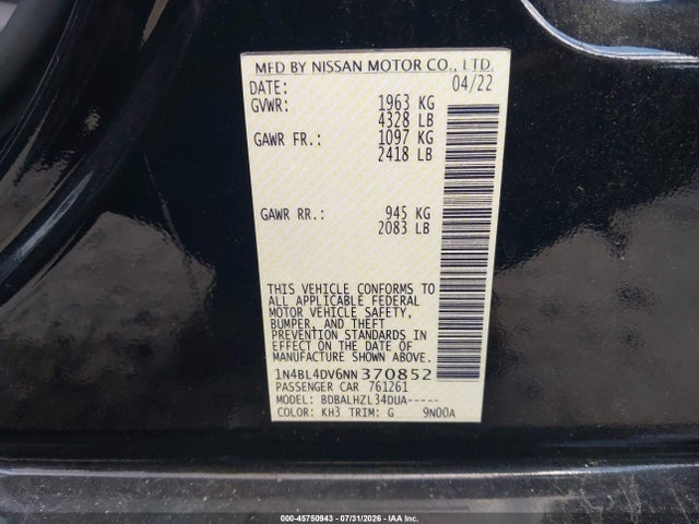2022 Nissan Altima Sv Fwd მანქანა იყიდება აუქციონზე, vin: 1N4BL4DV6NN370852, აუქციონის ნომერი: 45750943