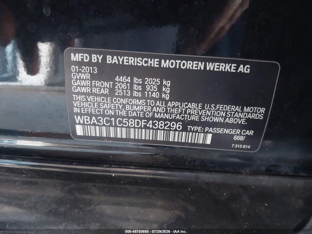 45750950 :رقم المزاد ، WBA3C1C58DF438296 vin ، 2013 Bmw 328i مزاد بيع