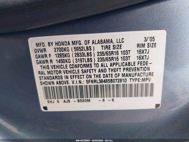 Продаж на аукціоні авто 2005 Honda Odyssey Ex, vin: 5FNRL38485B072810, номер лоту: 45750957