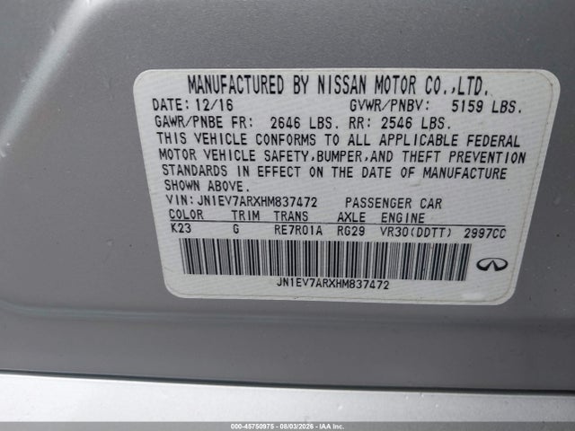 Aukcja sprzedaży 2017 Infiniti Q50 3.0t Signature Edition, vin: JN1EV7ARXHM837472, numer aukcji: 45750975