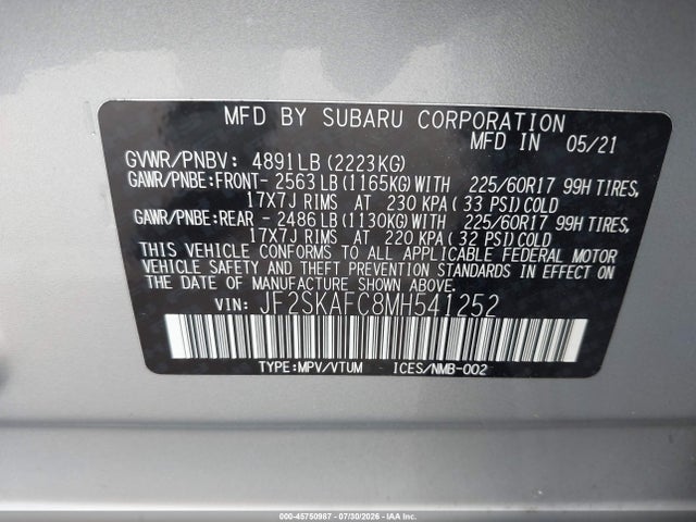 Продаж на аукціоні авто 2021 Subaru Forester Premium, vin: JF2SKAFC8MH541252, номер лоту: 45750987