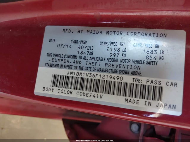 45750988 :رقم المزاد ، JM1BM1V36F1219490 vin ، 2015 Mazda Mazda3 S Touring مزاد بيع