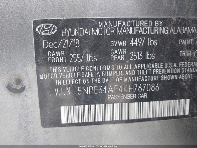 Продажа на аукционе авто 2019 Hyundai Sonata Sel, vin: 5NPE34AF4KH767086, номер лота: 45750992