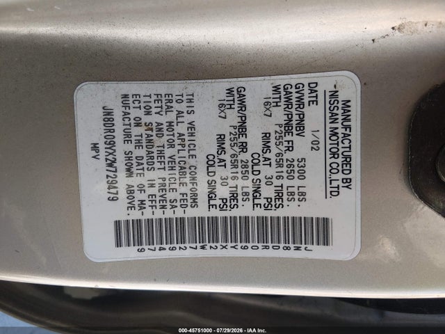 Auction sale of the 2002 Nissan Pathfinder Se, vin: JN8DR09YX2W729479, lot number: 45751000