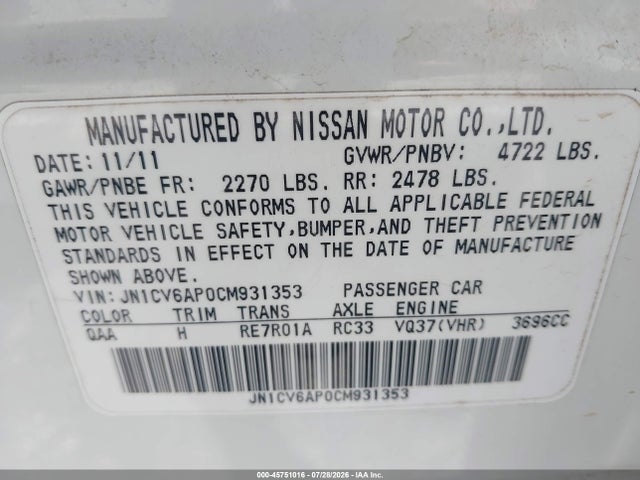 45751016 :رقم المزاد ، JN1CV6AP0CM931353 vin ، 2012 Infiniti G37 Journey مزاد بيع