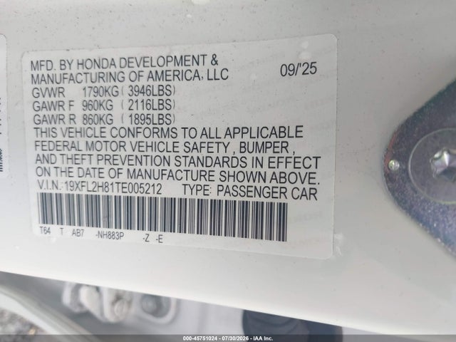 Aukcja sprzedaży 2026 Honda Civic Sport, vin: 19XFL2H81TE005212, numer aukcji: 45751024