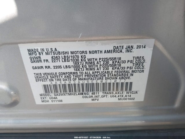 Продажа на аукционе авто 2014 Mitsubishi Outlander Sport Es, vin: 4A4AR3AU6EE021077, номер лота: 45751037