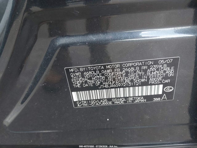 Продажа на аукционе авто 2007 Lexus Es 350, vin: JTHBJ46G972131121, номер лота: 45751050