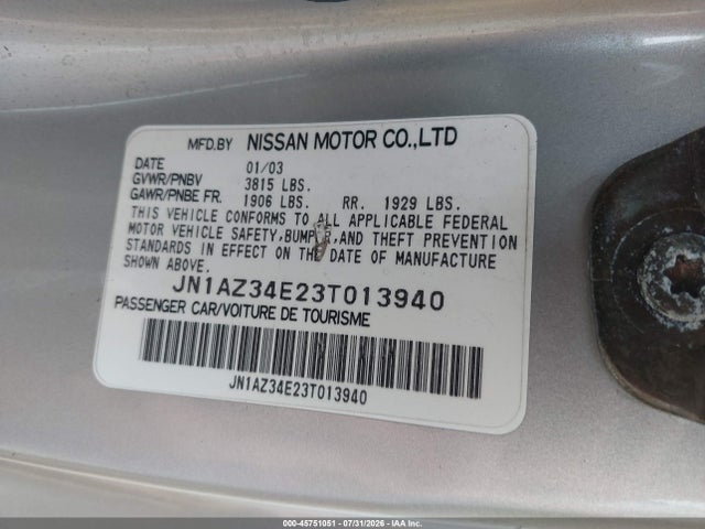Aukcja sprzedaży 2003 Nissan 350z Touring, vin: JN1AZ34E23T013940, numer aukcji: 45751051
