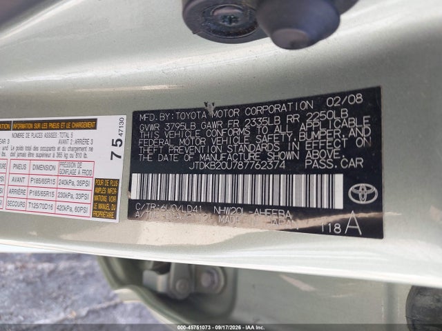 2008 Toyota Prius მანქანა იყიდება აუქციონზე, vin: JTDKB20U787762374, აუქციონის ნომერი: 45751073