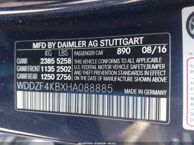 Aukcja sprzedaży 2017 Mercedes-benz E 300 4matic, vin: WDDZF4KBXHA088885, numer aukcji: 45751076