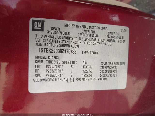 2009 Gmc Sierra 1500 Sle მანქანა იყიდება აუქციონზე, vin: 1GTEK29039Z176788, აუქციონის ნომერი: 45751089