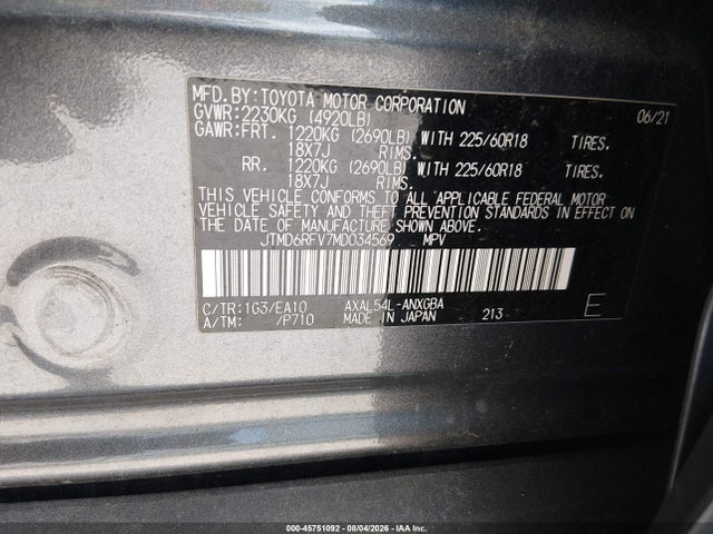 2021 Toyota Rav4 Limited მანქანა იყიდება აუქციონზე, vin: JTMD6RFV7MD034569, აუქციონის ნომერი: 45751092