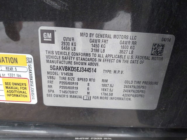 45751097 :رقم المزاد ، 5GAKVBKD5EJ344514 vin ، 2014 Buick Enclave Leather مزاد بيع