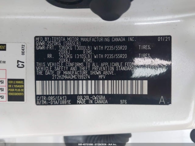 45751098 :رقم المزاد ، 2T2HZMAA0MC199274 vin ، 2021 Lexus Rx 350 مزاد بيع