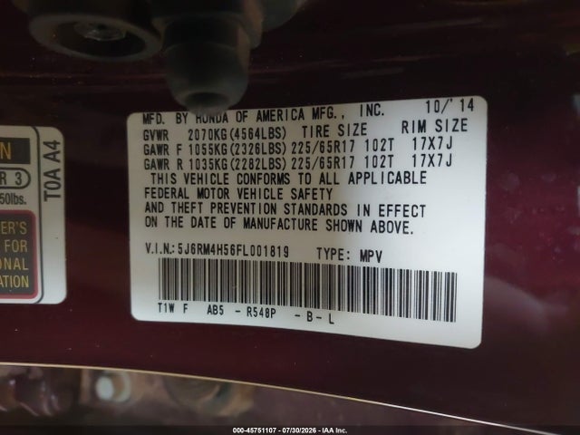 Aukcja sprzedaży 2015 Honda Cr-v Ex, vin: 5J6RM4H56FL001819, numer aukcji: 45751107