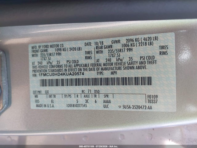 Aukcja sprzedaży 2019 Ford Escape Sel, vin: 1FMCU0HD4KUA20574, numer aukcji: 45751109