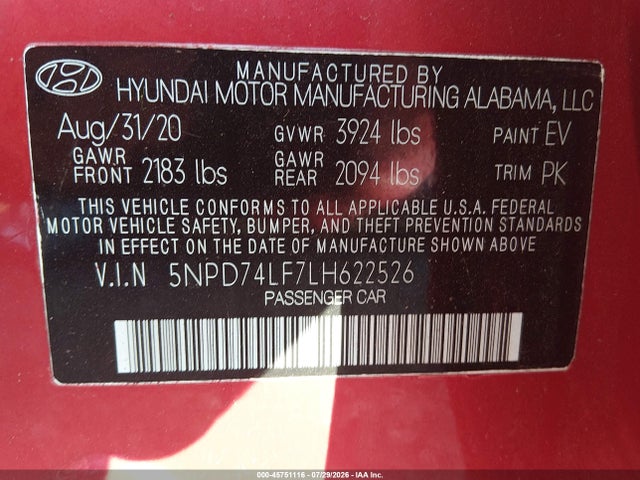 Продаж на аукціоні авто 2020 Hyundai Elantra Se, vin: 5NPD74LF7LH622526, номер лоту: 45751116