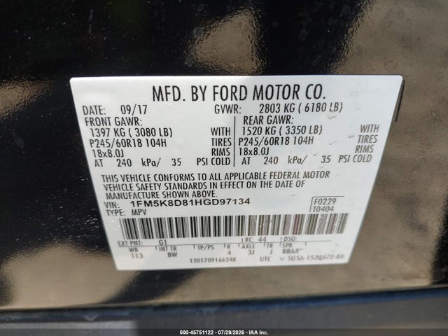 Ford EXPLORER XLT 2017 1FM5K8D81HGD97134 Image 9